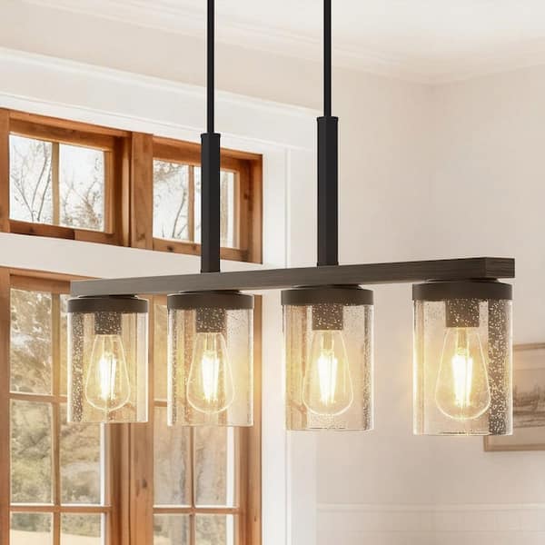 4-Light Black Wood Grain Pendant Light, Kitchen Island Hanging Fixture with Clear Glass Shades for Living Room