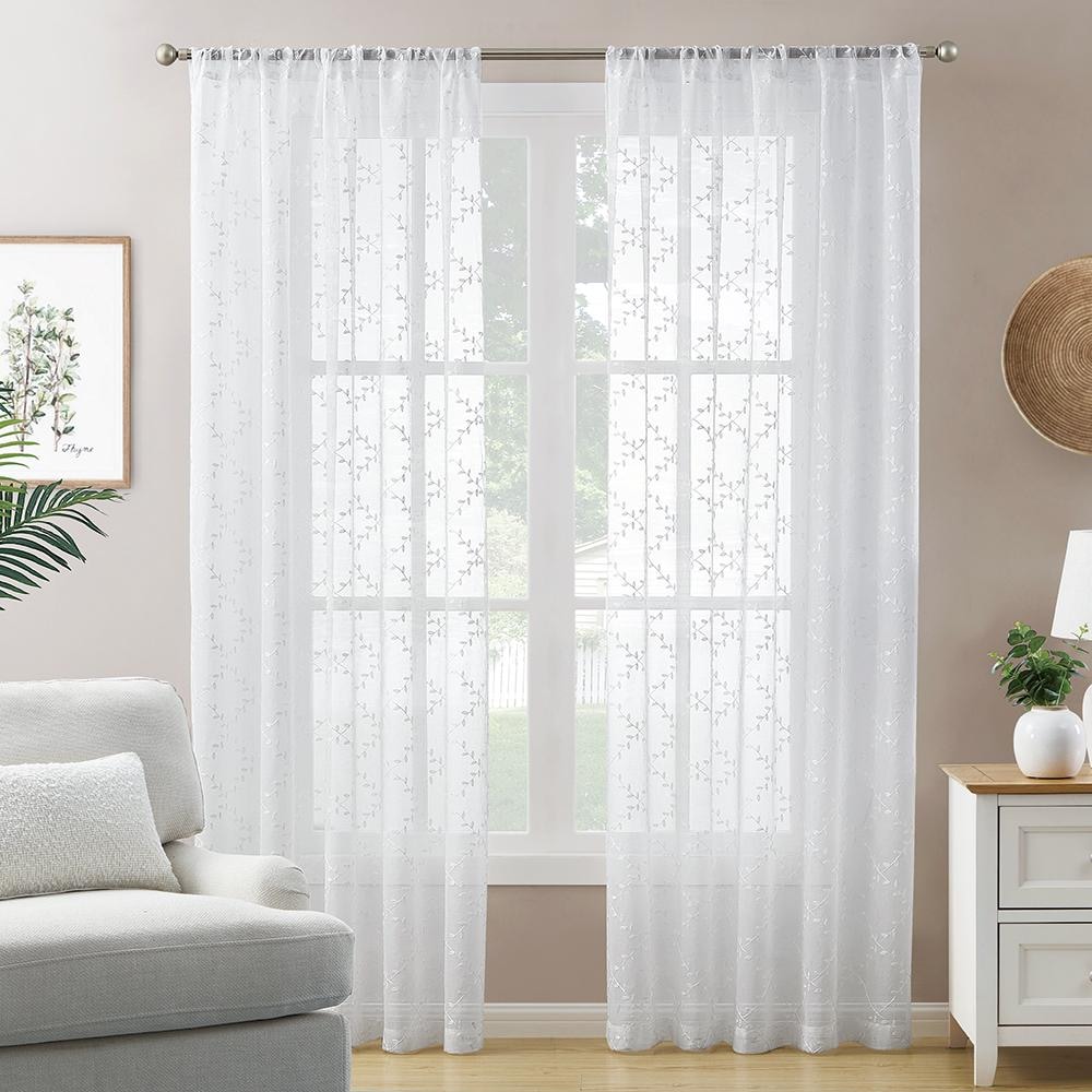 LiGHTSOUT with EnerShield Technology Leaf Embroidery White 52 in. W x 84  in. L Rod Pocket Sheer Curtain (Single Panel) HDLFEMBRD-100-400 - The Home  ..., image size:1000x1000