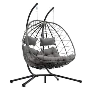 Outdoor Garden 2 Person Wicker Swing Chair Outdoor Rocking Chair Foldable Hanging Egg Chair with Stand and Gray Cushion
