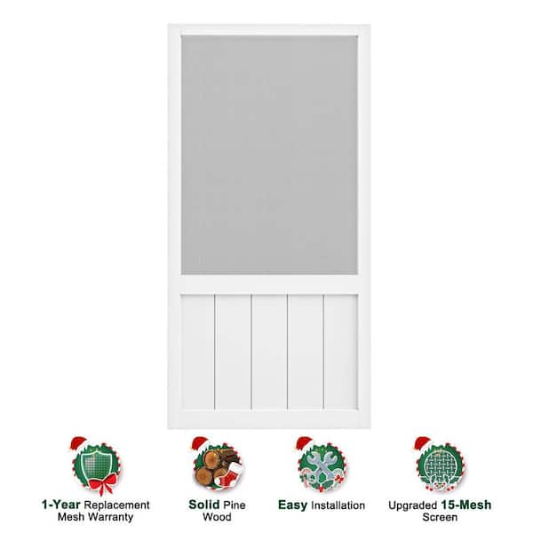 32 in. x 80 in. Universal Solid Pine Wood Screen Door-Primed White Finish and Gauze Mesh, Hinged Panel Style