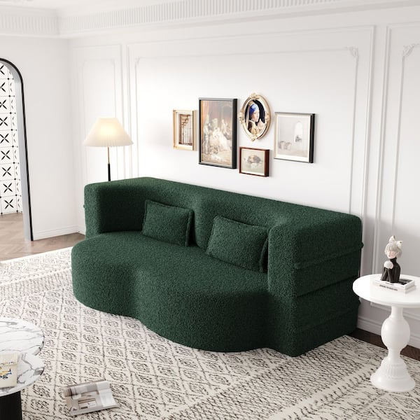 Convertible 78 in. Green Teddy Fabric Full Size Foam-Filled Sofa Bed with 2 Pillows, No Assembly Required