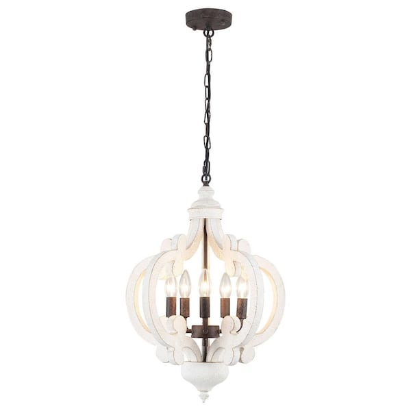 5-light Vintage Black/Vintage White Lantern Chandelier With Wood Shade For Dinning Room Foyer and NO Bulb Includes