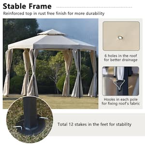 11 ft. W x 11 ft. L Outdoor Patio Hexagon Gazebo with Polyester Curtain Side Wall and Double Roofs
