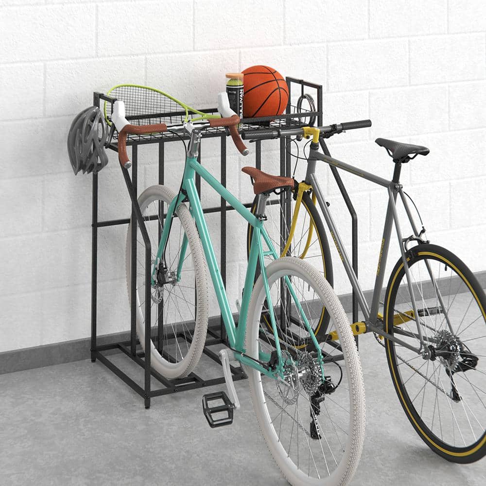 Black Metal Freestanding 3-Bike Storage Rack with Hooks