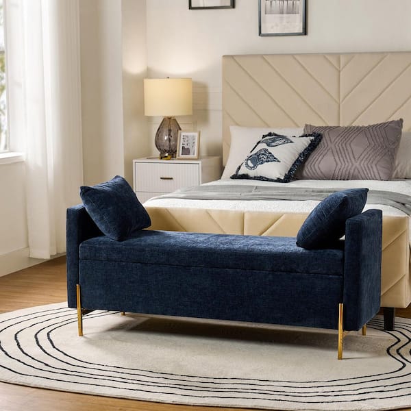 JAYDEN CREATION Claudius Modern Navy Upholstered Flip Top Storage Bench with Arms and Adjustable Storage Space