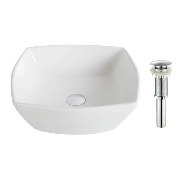 KRAUS Elavo Flared Square Ceramic Vessel Bathroom Sink in White with Pop Up Drain in Chrome