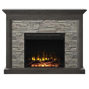 Rustic 47.38 in. Freestanding Wooden Electric Fireplace with Stacked Stone Look in Weathered Gray