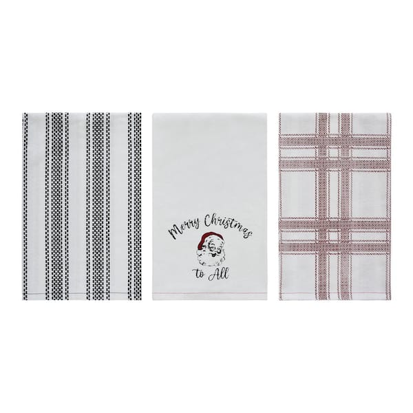 Annie Black White Red Seasonal Vintage Santa Cotton Blend Kitchen Tea Towel Set (Set of 3)