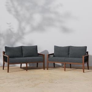 Freya Dark Acacia Solid Wood Acacia Frame Upholstered Outdoor Loveseat with Dark Gray Cushion, Set of 2