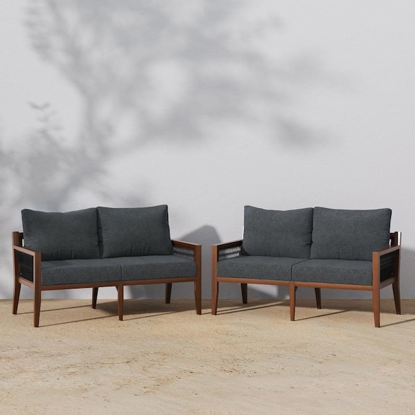 Nathan James Freya Dark Acacia Solid Wood Acacia Frame Upholstered Outdoor Loveseat with Dark Gray Cushion, Set of 2