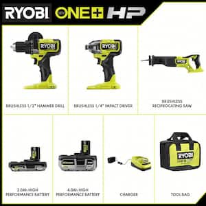 ONE+ HP 18V Brushless Cordless 3-Tool Combo Kit w/Hammer Drill, Impact Driver, Recip Saw, Batteries, Charger, and Bag