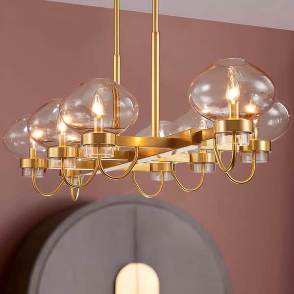 Alaxe 8- Light Aged Brass Linear Chandelier Kitchen Island Pendant Light with Sputnik Glass Bubble