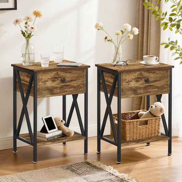 VECELO Nightstands X-Design Side End Table Night Stand Storage Shelf with Drawer 11.8 Wx 15.8 L x 21.7 H Antique Brown Set of 2