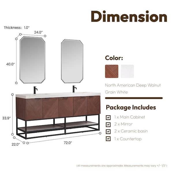 Mahon 72 in. W x 22 in. D x 33.9 in. H Double Sink Bath Vanity in Walnut with White Grain Composite Stone Top and Mirror