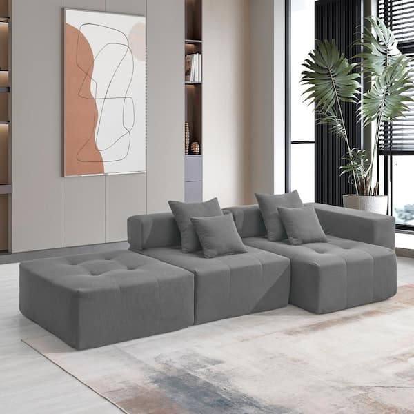 Harper & Bright Designs 105.5 in. Armless Corduroy Modular Foam-Filled Sectional Sofa in Gray with 4 Pillows, No Assembly Required
