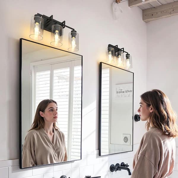 18 in. 3-Light Black Farmhouse Vanity Light with Clear Glass Shades Bathroom Wall Fixture