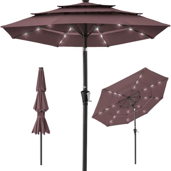 Angel Sar 10 ft. 3-Tier Market Solar Patio Umbrella with Tilt Adjustment, 8 Ribs and 24 LED Lights in Deep Taupe