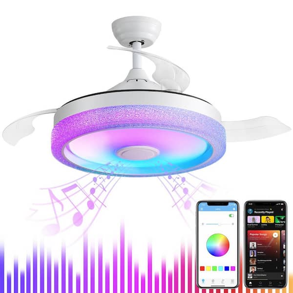 CACI Mall 42 in. Indoor Smart White Retractable Ceiling Fan with RGB Color LED Light and Remote/APP Control
