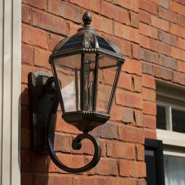 GAMA SONIC Royal Bulb Series 1-Light Solar Powered Weathered Bronze Outdoor Waterproof LED Wall Sconce Lantern for Garage and Porch