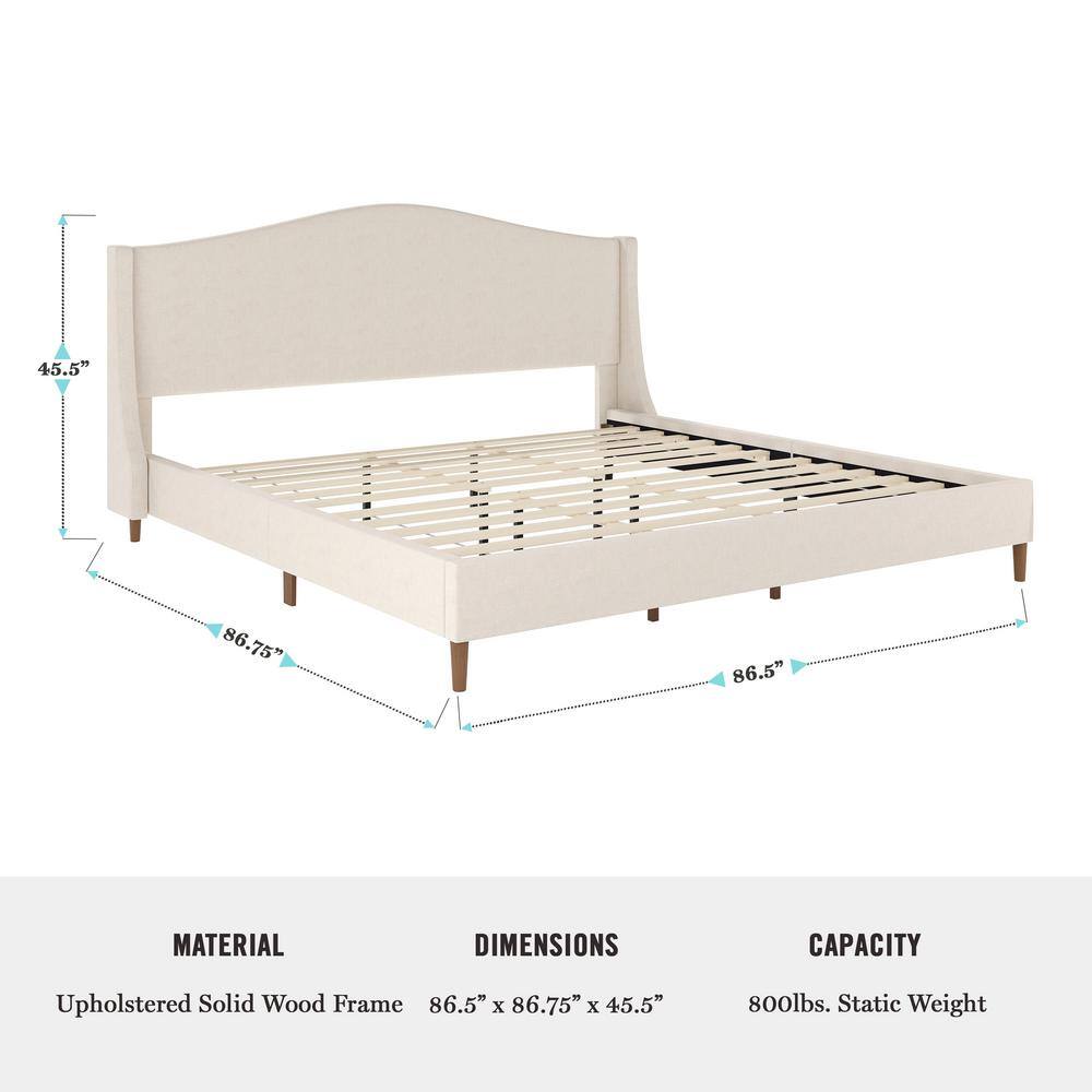 King Beige Linen Upholstered Platform Bed with Wood Frame