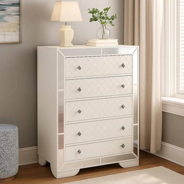 ivory tall dresser Benjara Ivory, Gray and Nickel 5 Drawer 35 in. Wide Dresser BM335924