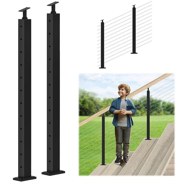 Stainless Steel 42 in. Adjustable Top 33 Deg Railing Stair Post with Cable Grommet Fit for 25-35 Deg. Stairway (2-Pack)