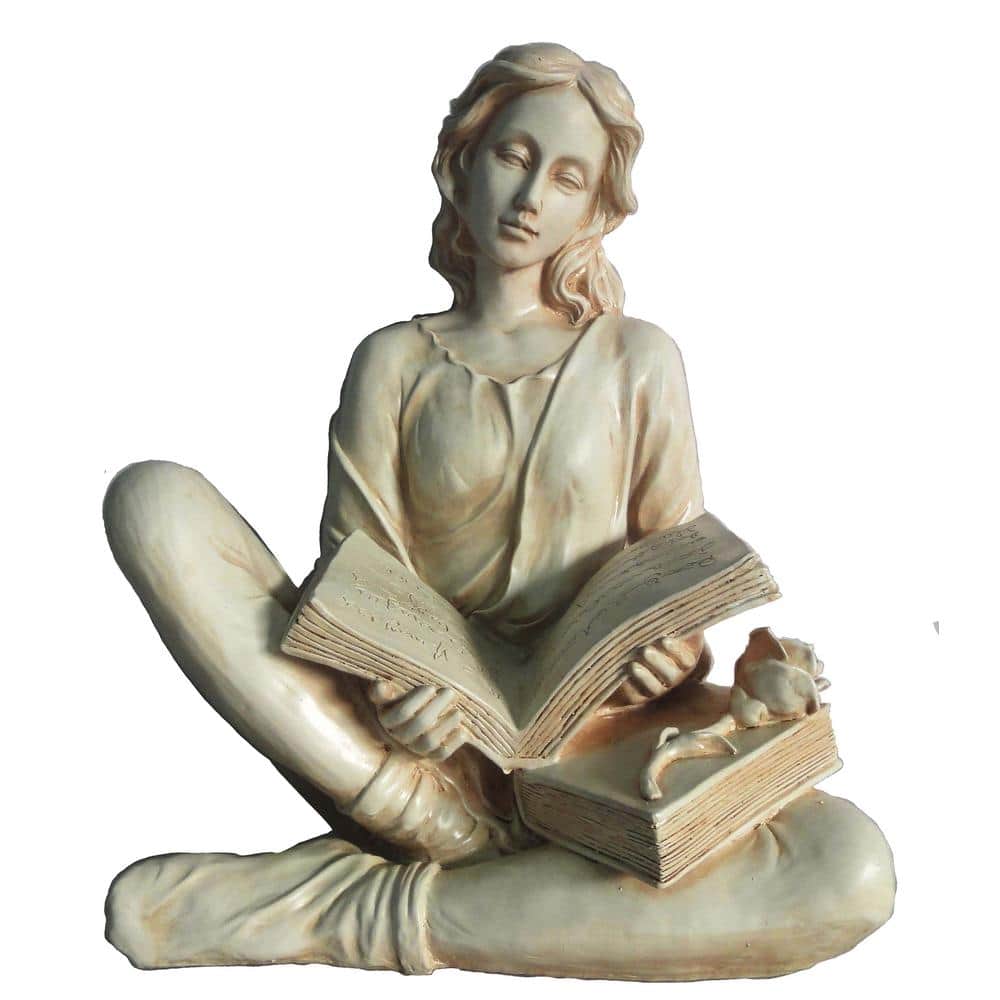 18" Beige Resin Reading Lady Garden Statue