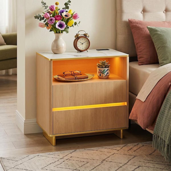 FUFU&GAGA Yellow Wood Grain 2-Drawer 27.6 in. W Bedroom Nightstand