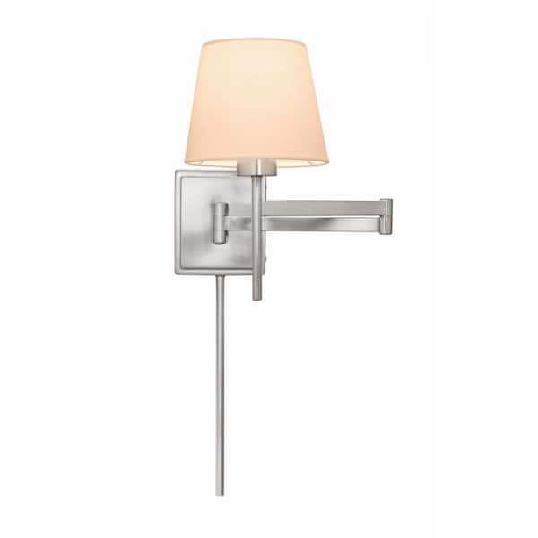 Hampton Bay 1-Light Brushed Nickel Swing Arm Sconce with White Linen Shade