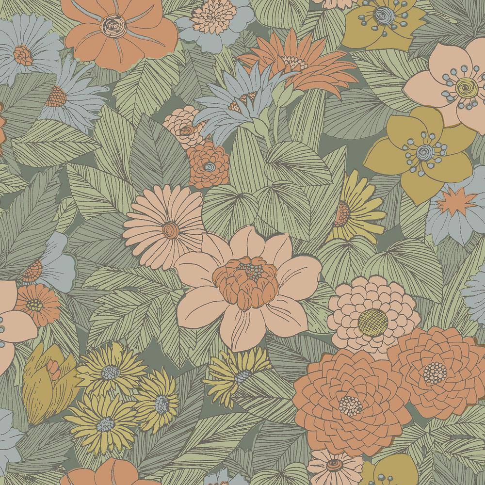 Green Retro Floral Peel and Stick Wallpaper Roll