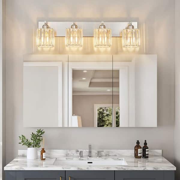 Home Lighting 28.34 in. 4-Light SandNickel Modern Crystal Vanity Lights Wall Sconces for Bathroom(JW-002)