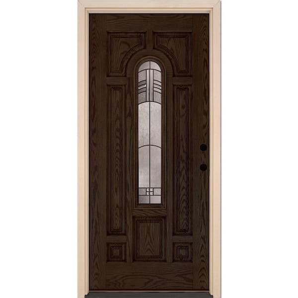 Feather River Doors 37.5 in. x 81.625 in. Rochester Patina Center Arch Stained Walnut Oak Left Hand Inswing Fiberglass Prehung Front Door