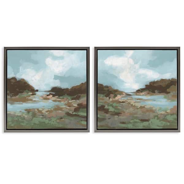 Stupell Industries Winding River Landscape Scene by June Erica Vess 2-Pieces Gray Floater Frame Nature Graphic Art Print 18 in. x 18 in.