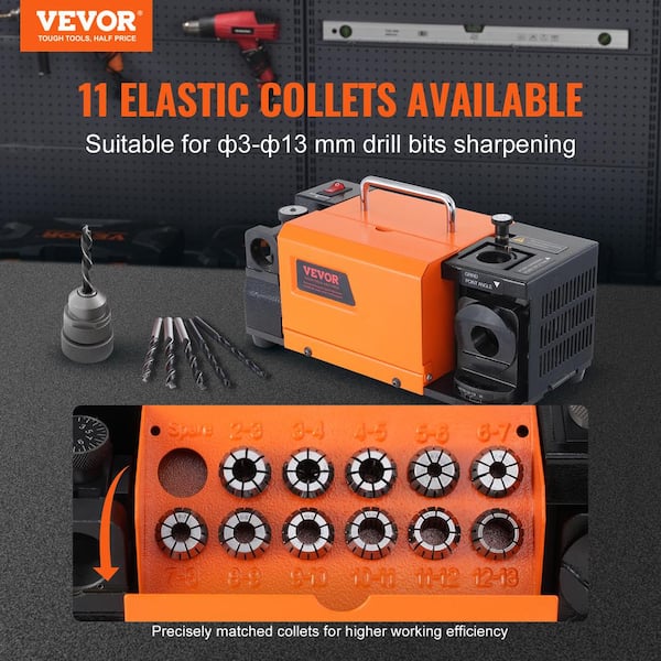 MR-13B Drill Bits Sharpener 4500PRM End Mill Grinder Sharpener and 11 Collets 95° to 135° Point Angle 2 Grinding Wheels
