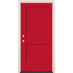 36 in. x 80 in. 2-Panel Right-Hand Ruby Red Fiberglass Prehung Front Door w/4-9/16 in. Frame and Bronze Hinges