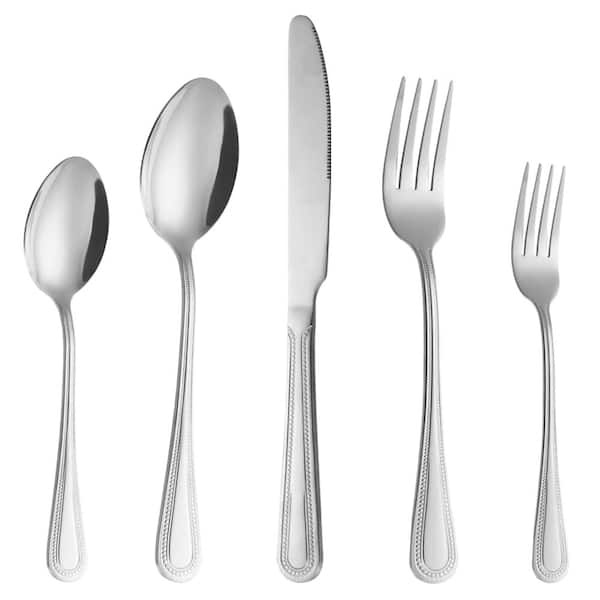 20-Piece Silver Stainless Steel Flatware Set with Pearled Edge Handles, Service for 4, Dishwasher Safe