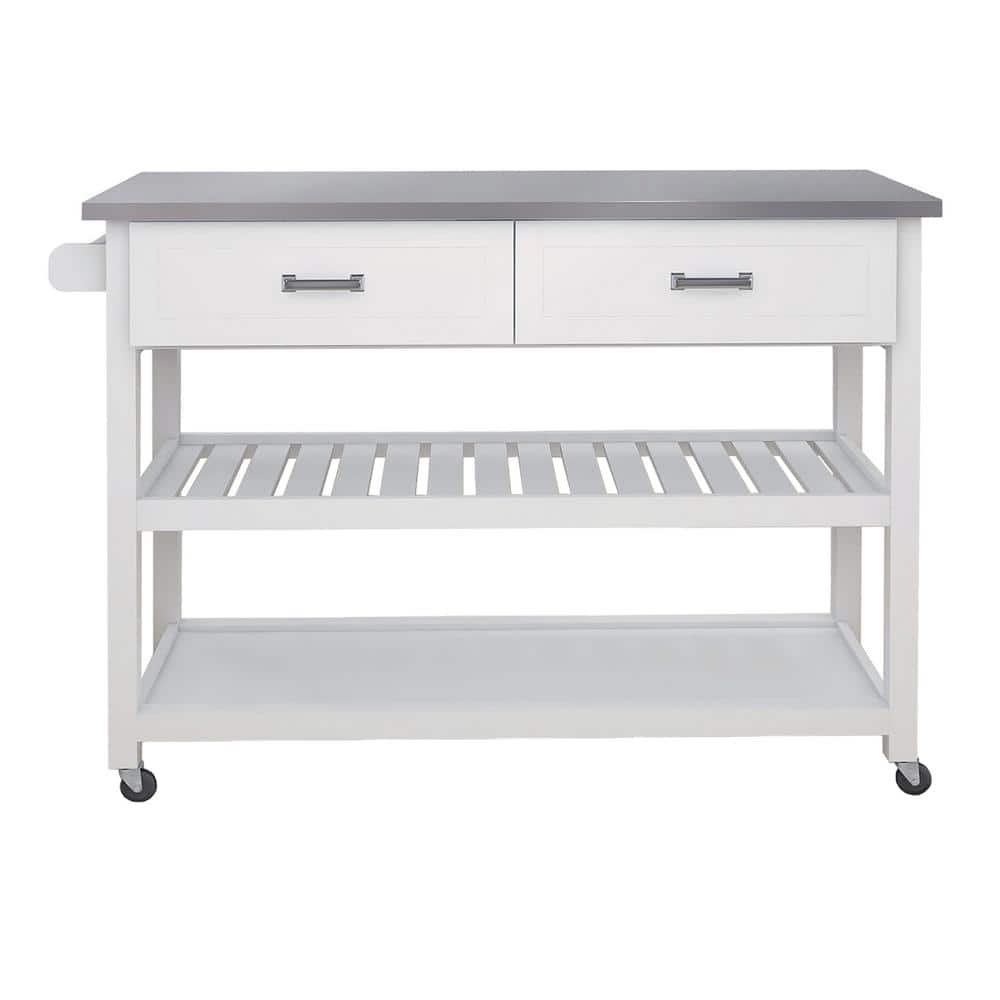 White Wood 47.24 in. Kitchen Island with Stainless Steel Top and Wheels