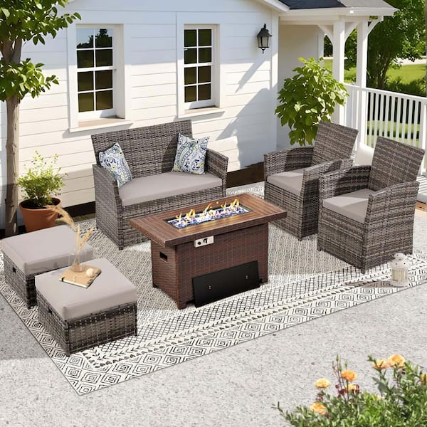 6-Piece Gray Wicker Outdoor Conversation Set with Gray Cushions, Ottoman and 1 Coffee Table
