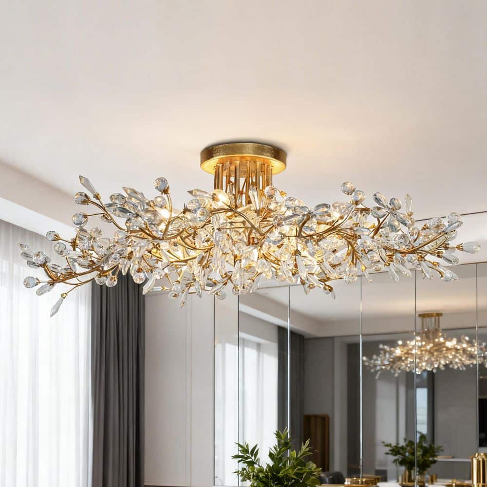 31.9 in. 8-Light Luxury Antique Gold Leaf Sputnik Branch Semi Flush Mount with Glam Floral Shape Crystal Accent price history on PriceWatchPro