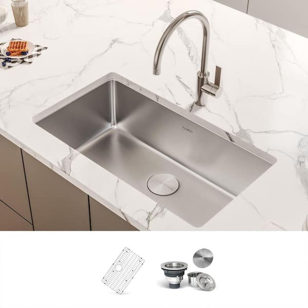 Modena 27 in. Undermount Single Bowl 16-Gauge Stainless Steel Kitchen Sink with Gently Rounded Corners and 2-Holes