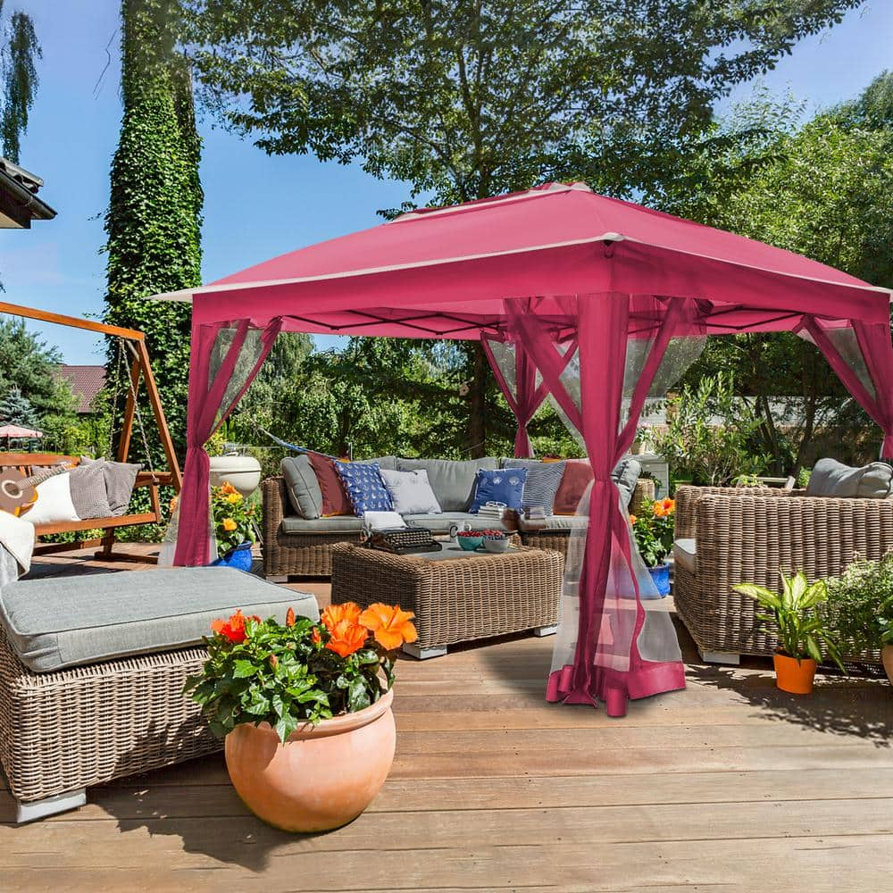 JOYSIDE 11 ft. x 11 ft. Pink Steel Pop-Up Gazebo with Mosquito Netting ...