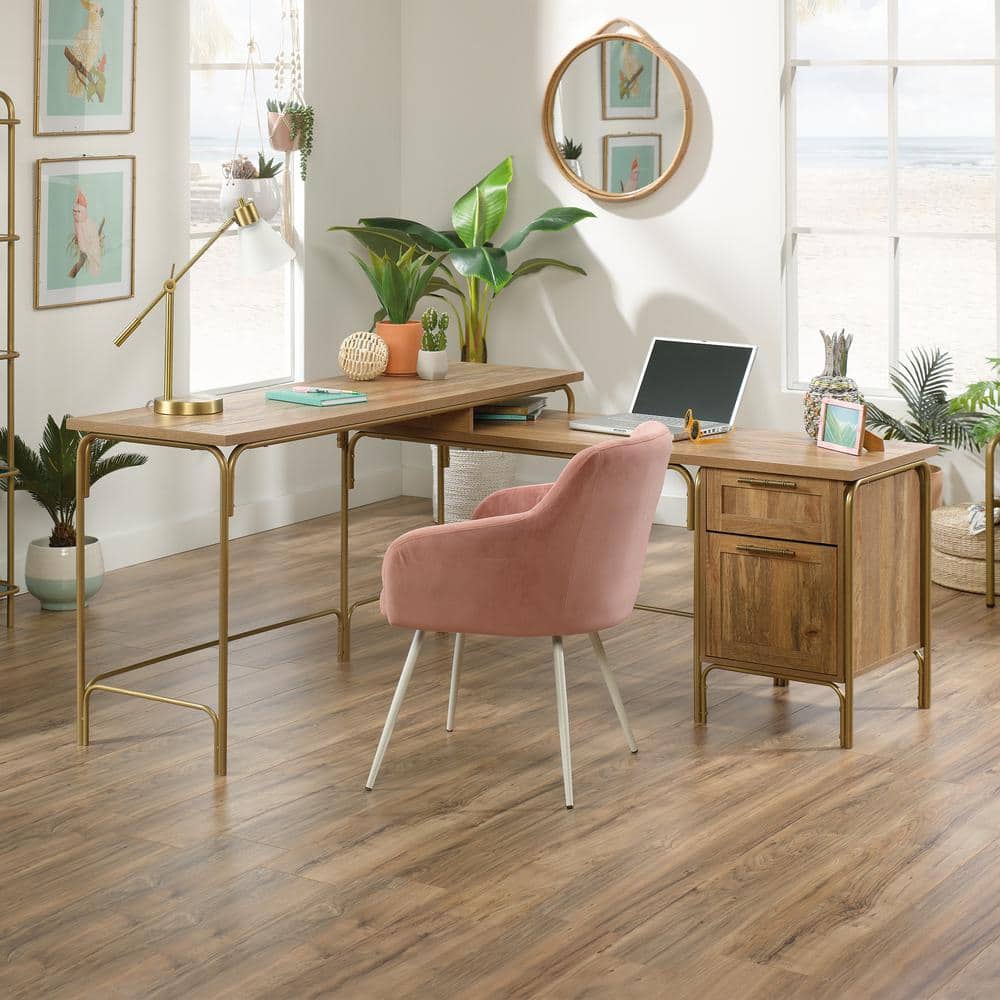 Sindoori Mango L-Shaped Wood Desk with Gold Frame