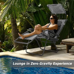 Steel Gray  Folding Outdoor Lounge Chairs Recliner with Shade Canopy and Cup Holder