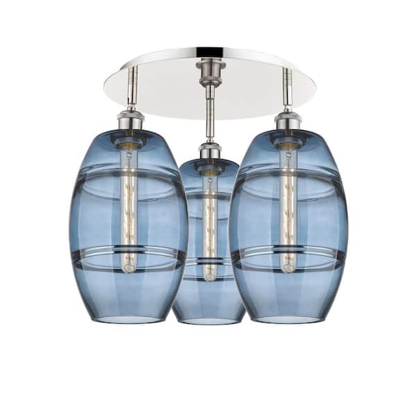 Vaz 19.75 in. 3-Light Polished Nickel Industrial Flush Mount with Clear Glass Shade