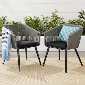 Set of 2 Indoor Outdoor Patio Dining Chairs Woven Wicker Seating Set - Gray/Black