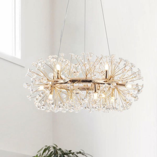 ADSENSTY 39 in. 12-Light Gold Modern Circle Dandelion Crystal Bead Chandelier Gorgeous Dining Room Chandelier