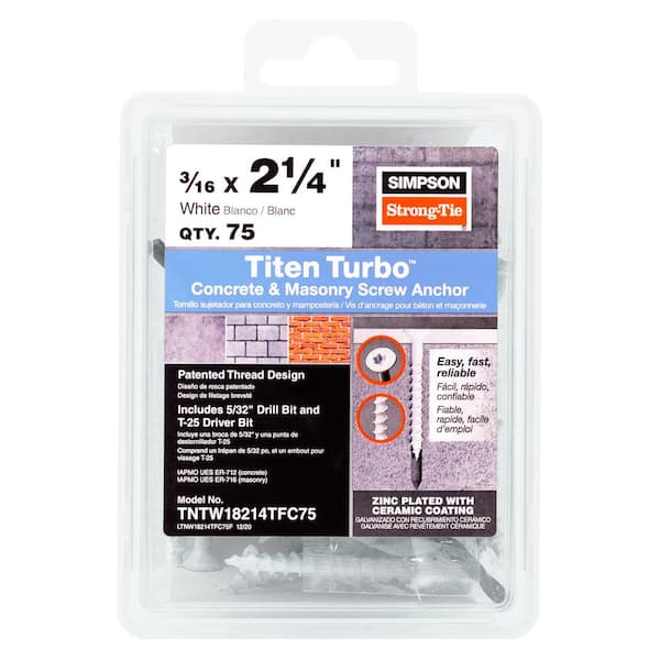 Simpson Strong-Tie Titen Turbo 3/16 in. x 2-1/4 in. 6-Lobe Flat-Head Concrete and Masonry Screw, White (75-Piece)