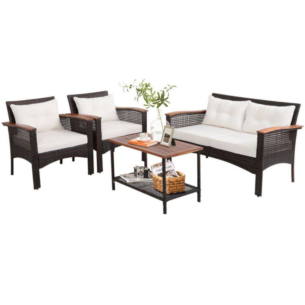 4-Piece Brown Steel Patio Conversation Set with White Cushions