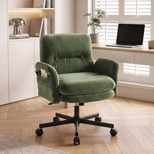 Velour Cat Scratch Leather Swivel Flip Up Arms Chair Cross Legged Ergonomic Task Chair in Green with Arms