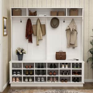 63 in. W White Wood 3-in-1 Hall Tree Coat Rack Shoe Storage Bench with 6-Metal Double Hooks, Shoe Rack and Shelves